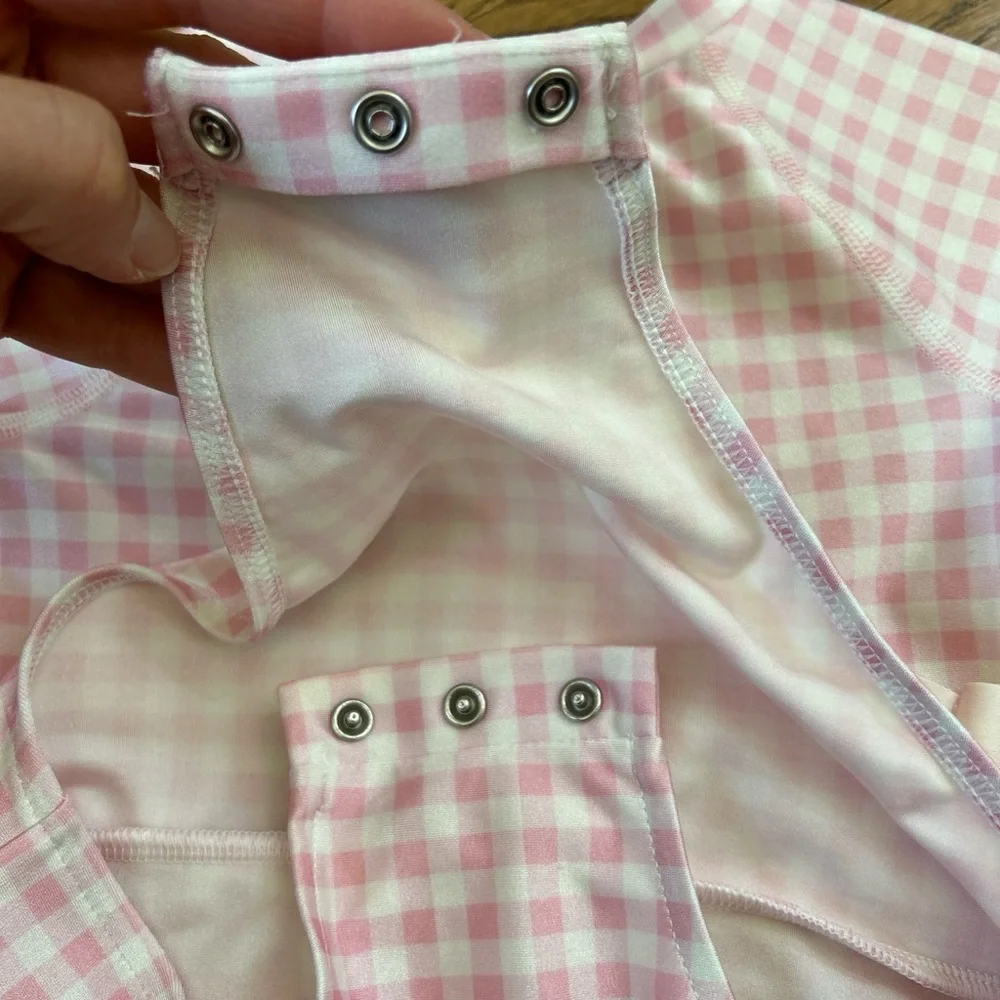 Ralph Lauren pink gingham checkered swimsuit rashguard one piece swim l #preppy